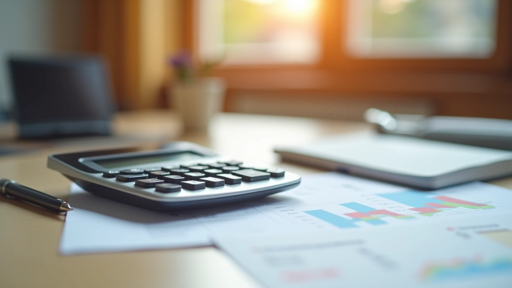 Taschenrechner und Finanznotizen auf Schreibtisch, warmes Licht, detaillierte Aufnahme