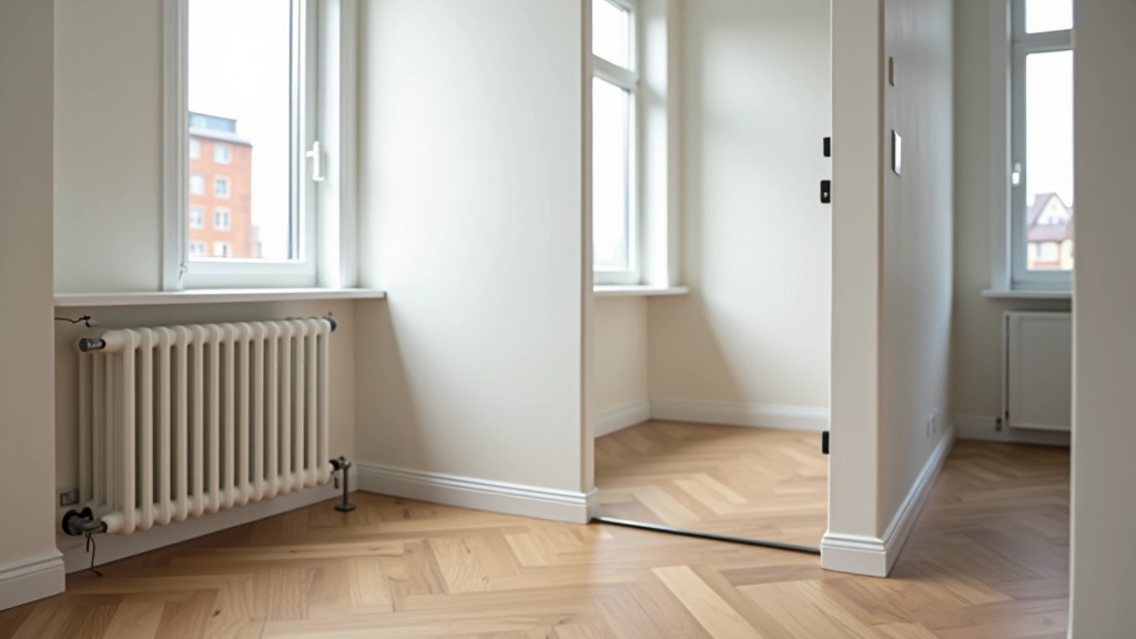 Wohnzimmer einer modernen Berliner Wohnung mit Heizkörper und Wasserleitungen sichtbar
