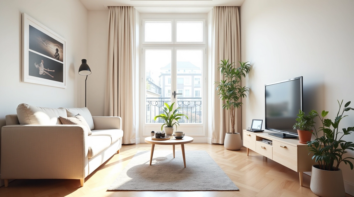 Modernes Wohnzimmer mit großem Fenster, Tageslicht fällt auf helles Parkett