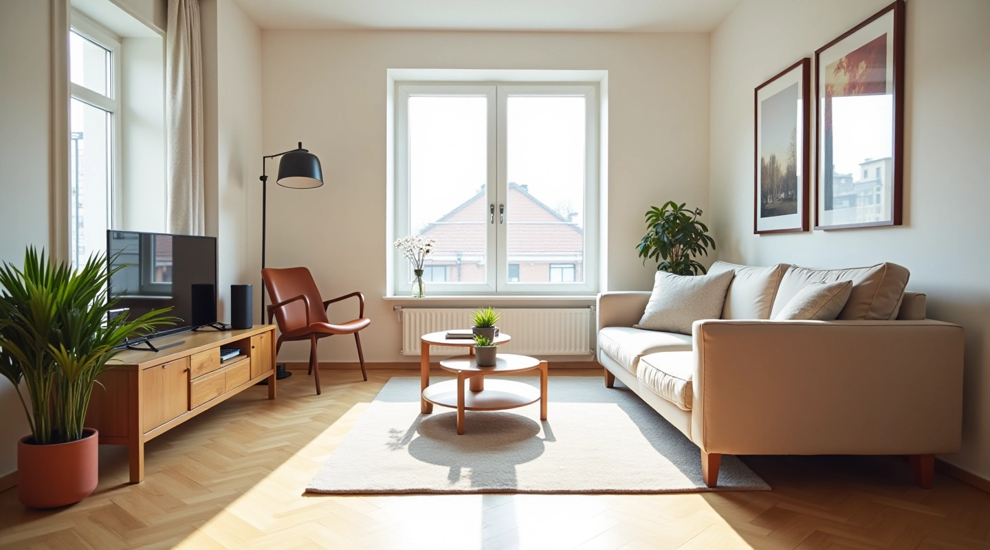 Modernes Berliner Wohnzimmer mit Parkettboden und großem Fenster zur Straße