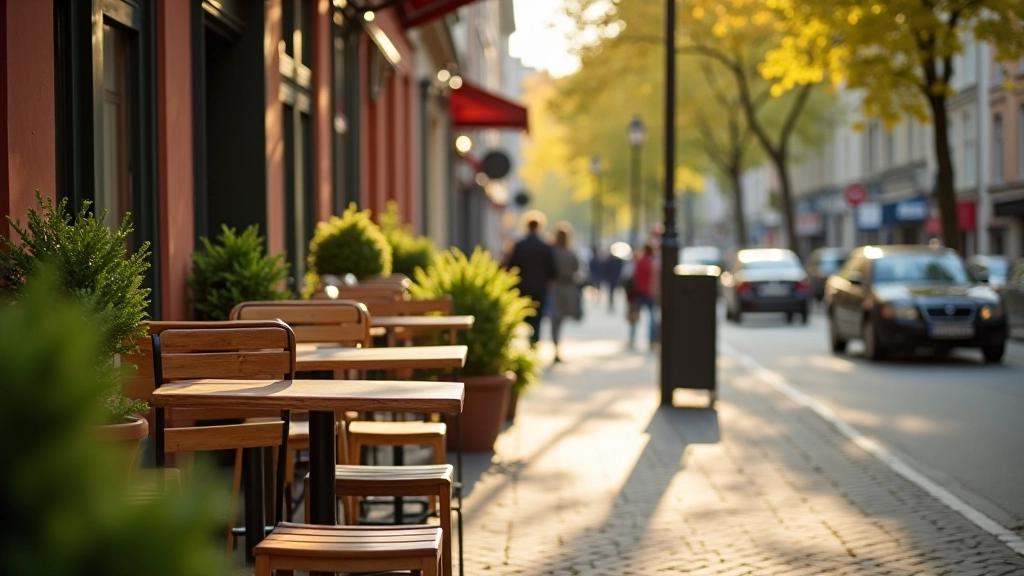 Gemütliches Café mit Außensitzplätzen, Prenzlauer Berg, helle Holzmöbel und Grünpflanzen