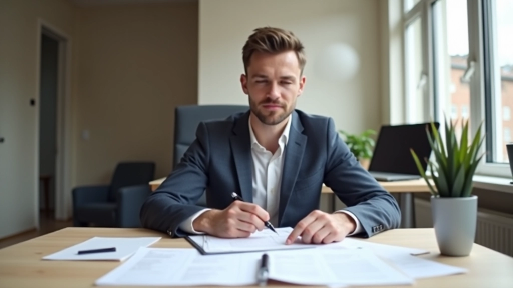 Person mit Checkliste und Stift, konzentriert beim Durchlesen von Dokumenten an einem modernen Schreibtisch