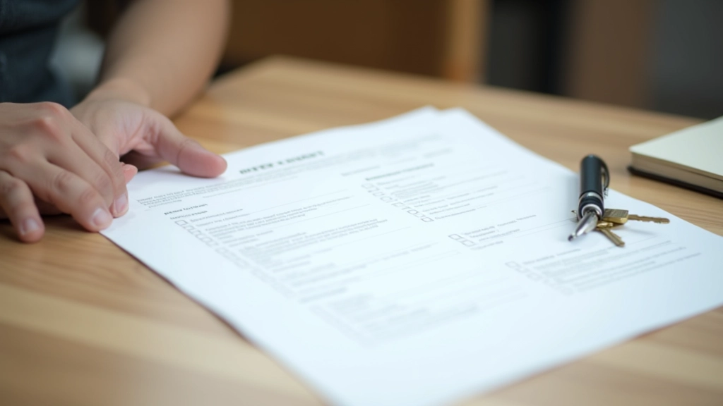 Makler zeigt Wohnungsplan, Notizen und Checkliste auf Schreibtisch