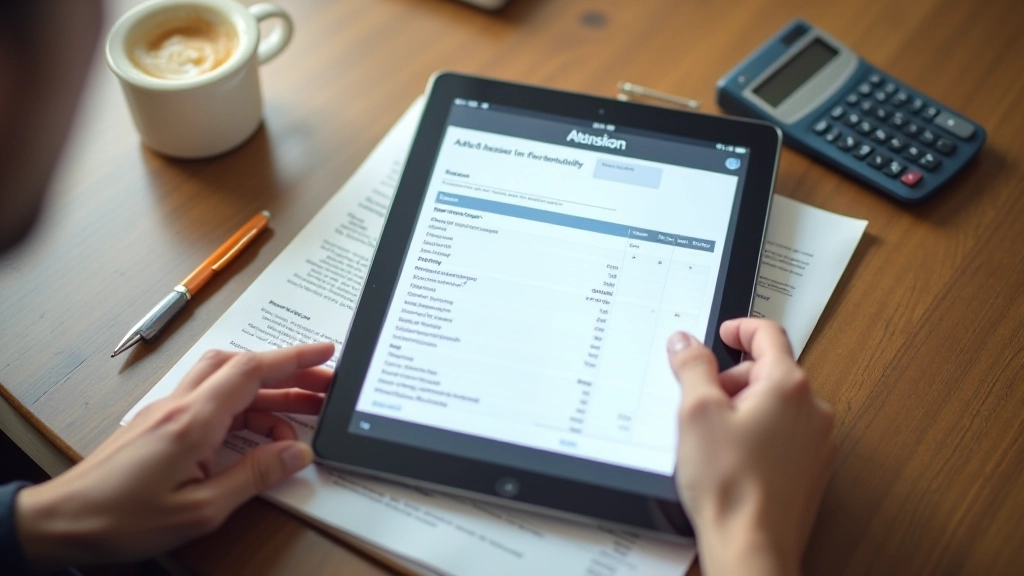 Nahaufnahme eines Tablets mit Abrechnungsformular und Taschenrechner auf Holztisch