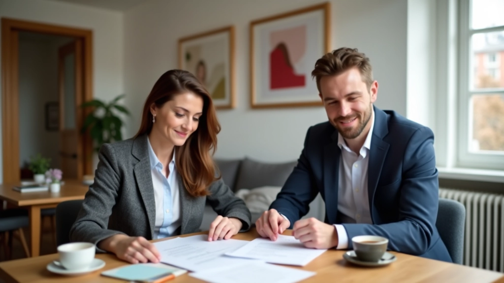 Zwei Menschen sitzen am Tisch und besprechen einen Mietvertrag mit Dokumenten und Kaffee